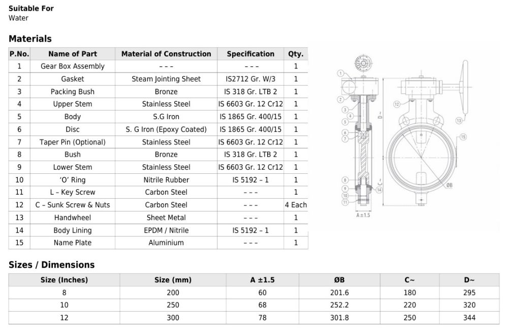 Butterfly Valve (Wafer Type), PN 2.5 with S.G Iron Disc - Gear Operated